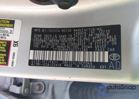 2016 Toyota Corolla L z USA, uszkodzony, nr VIN 2T1BURHE5GC572280